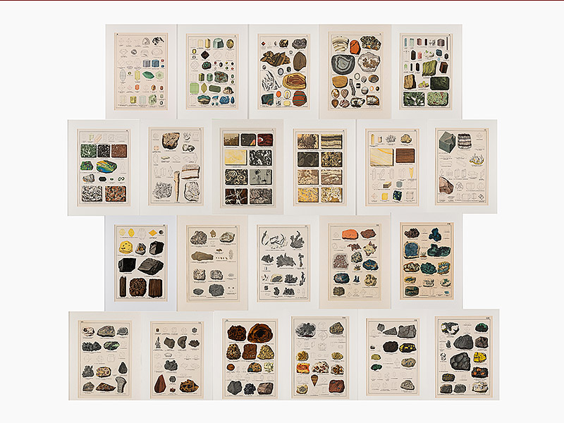 Übersichtsbild von 22 originalen, handkolorierte Lithografien von 1888 – aus „Naturgeschichte des Mineralreichs“ von Dr. A. Kenngott